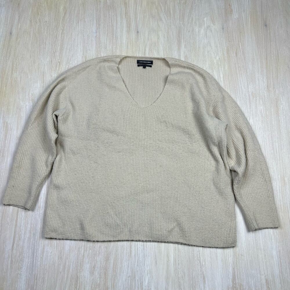 Something Navy Beige Rib Knit V Neck Chic Lounge Oversized Pullover Sweater XS